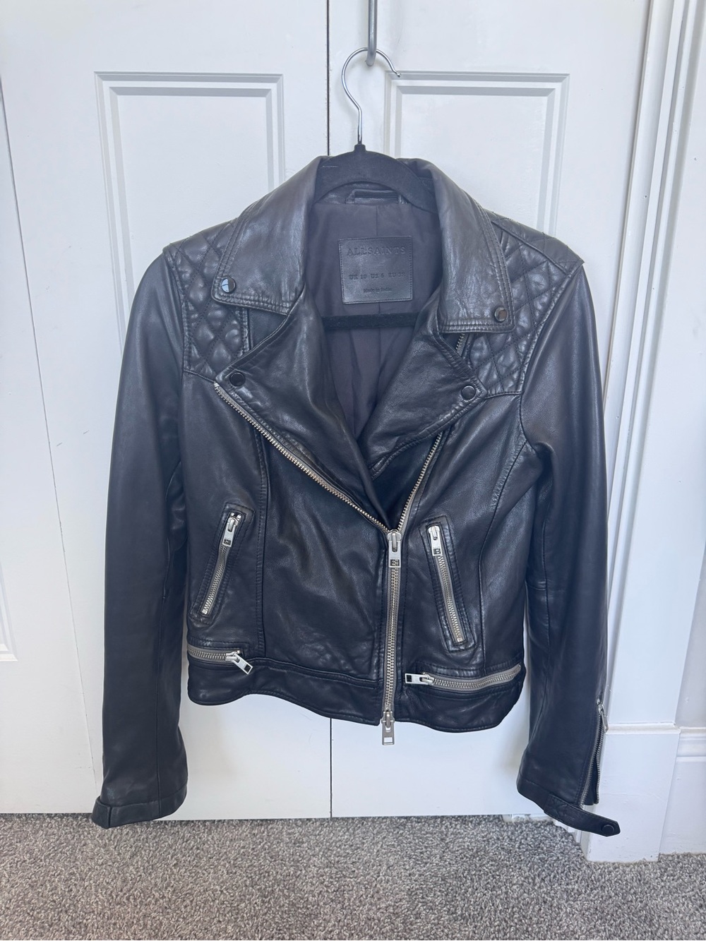 All Saints Black Quilted Shoulder Leather Moto Jacket